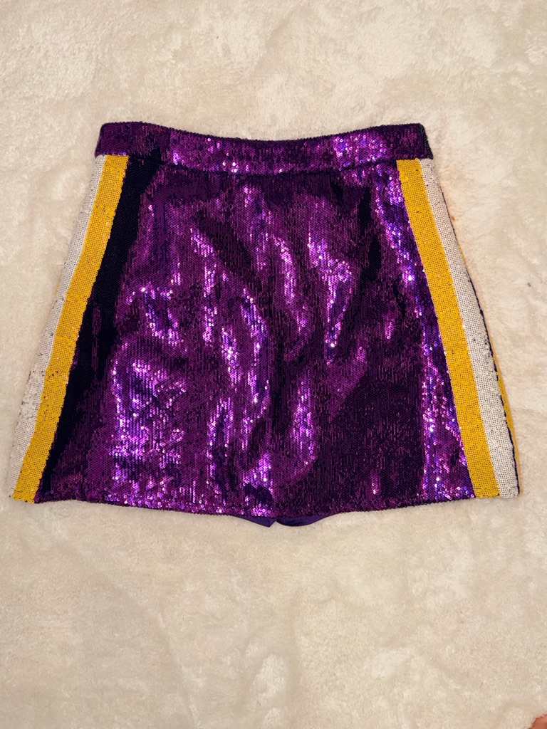 Queen Of Sparkles Lsu Purple Sequin Mini Skirt With Gold & White Side Stripes